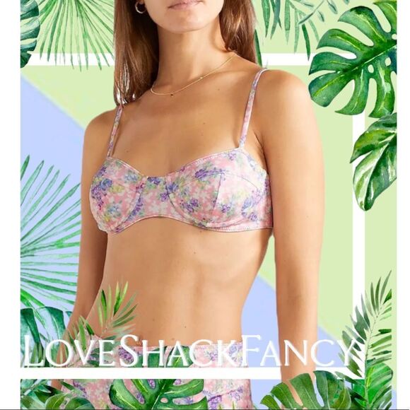 LoveShackFancy Cassandra Bikini Top In Pink Garden **NWT** - Picture 1 of 8